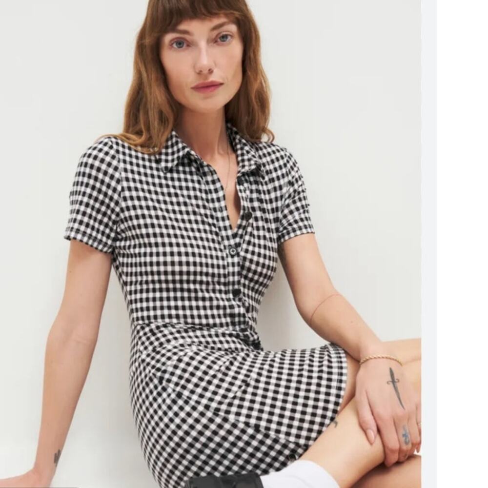Reformation Avely Knit Dress XS Black White Gingham Button Front Mini Stretch